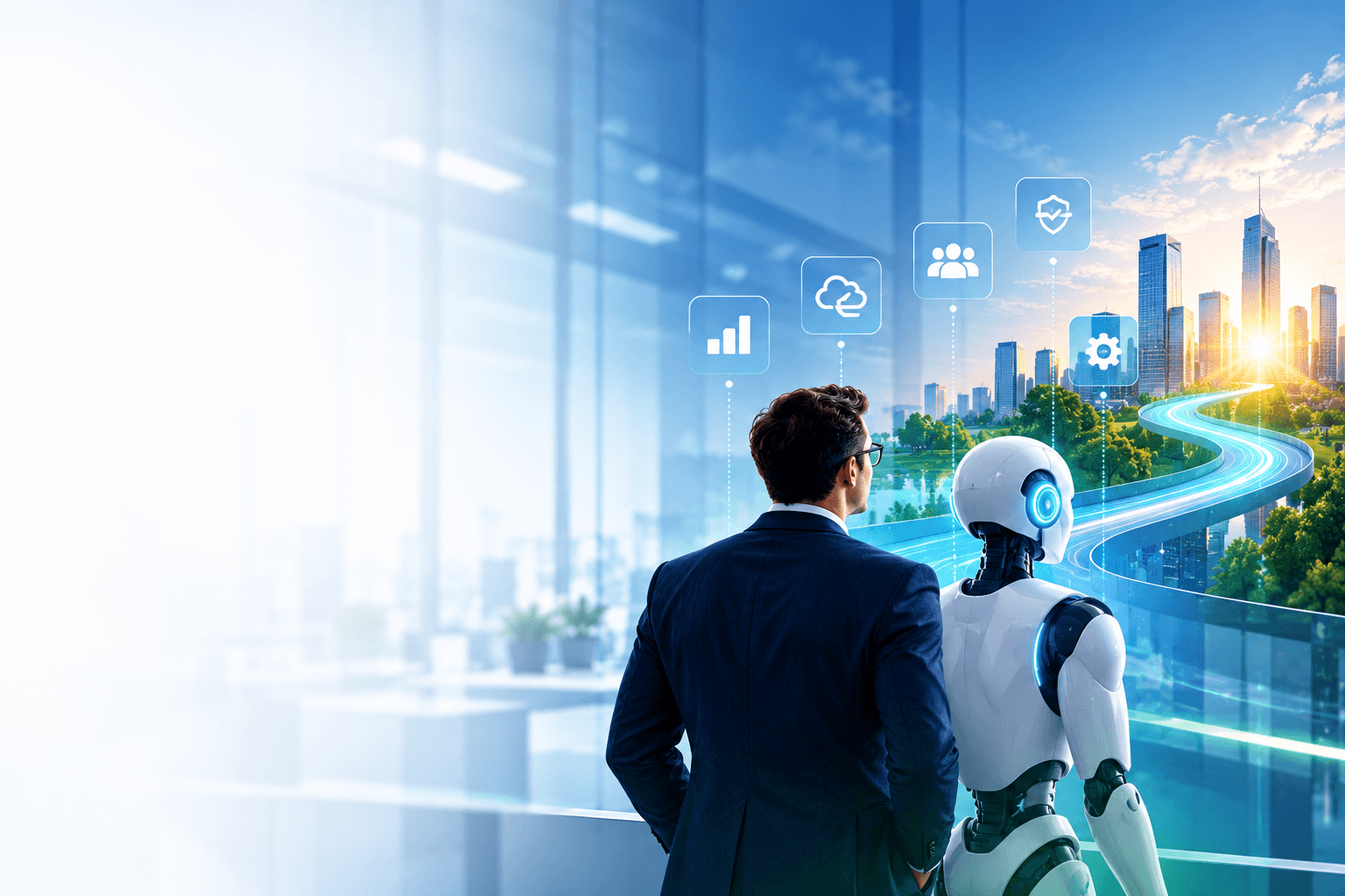 A professional and an AI agent looking toward the future together